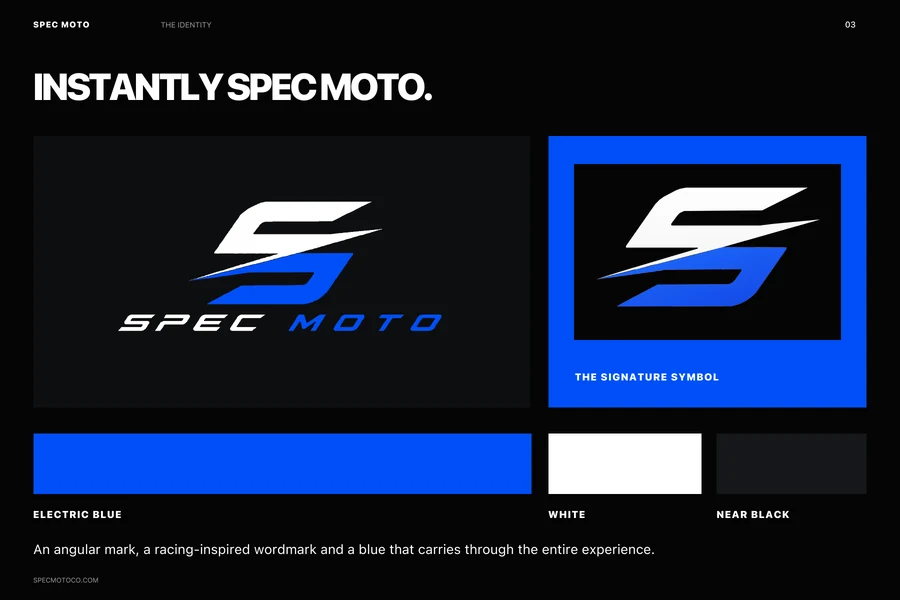 Original Spec Moto logo and signature symbol with electric blue, white and near-black brand colors.