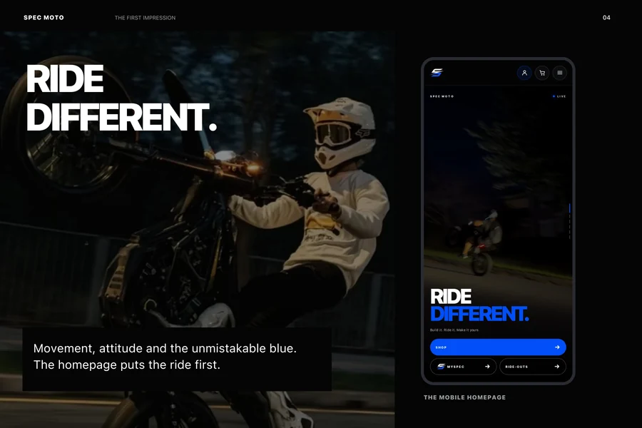 Ride Different homepage presentation with rider photography and a mobile screen.