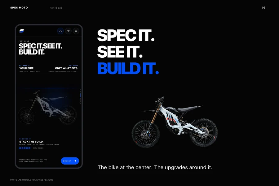 Parts Lab presentation with the original motorcycle image and mobile build feature.