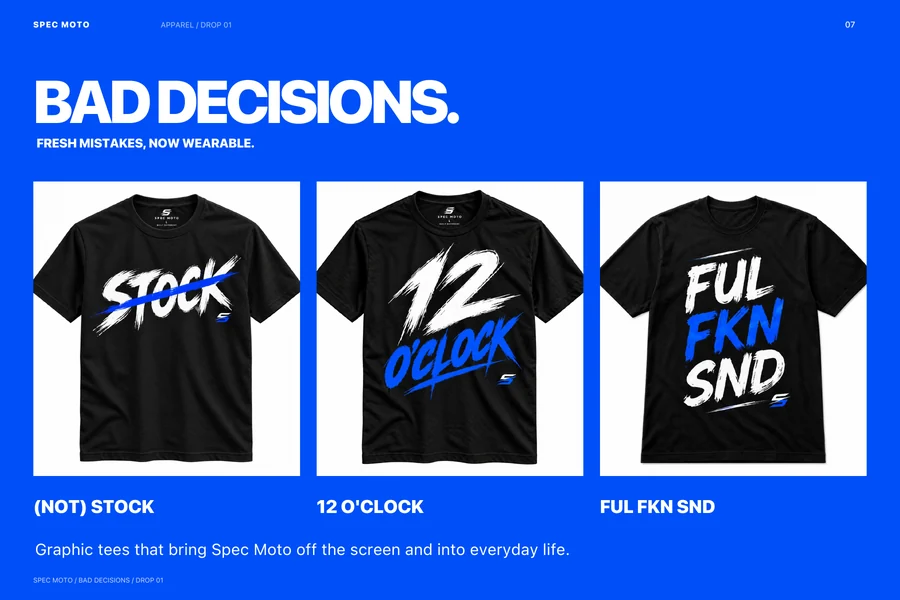 Blue apparel presentation featuring the original Not Stock, 12 O’clock and Ful Fkn Snd T-shirt designs.