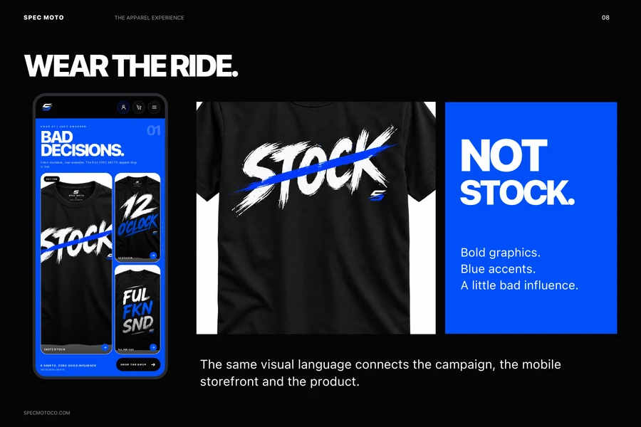 Wear the Ride presentation connecting the mobile apparel storefront and Not Stock graphic tee.