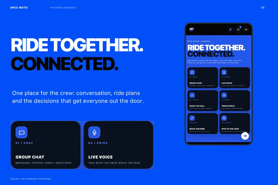 Original rider-community presentation with chat, voice, polls, crew, planning and alerts feature panels.