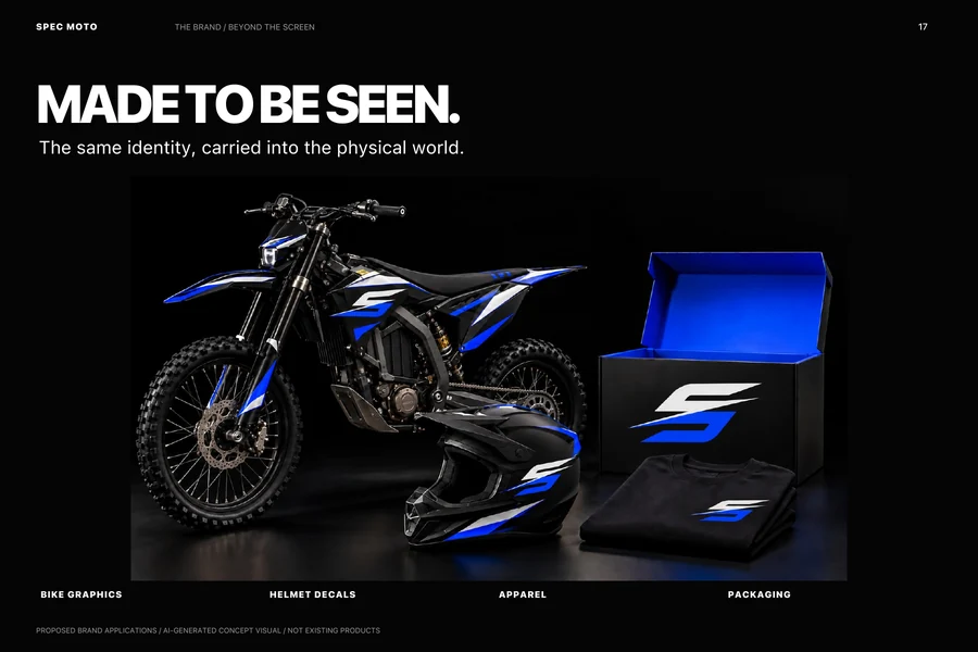 Proposed motorcycle graphics, helmet, apparel and packaging in an AI-generated concept visual, not existing products.