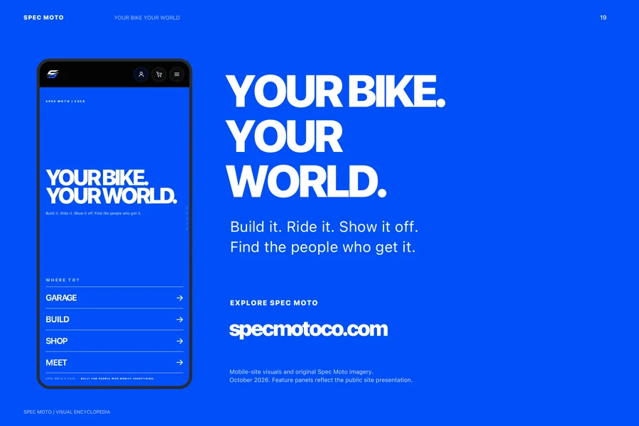 Blue closing Spec Moto slide showing the Your Bike Your World mobile feature and public website address.