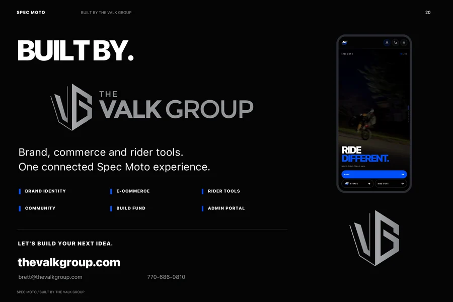 Original Built by The Valk Group closing slide with TVG branding and public business contact details.